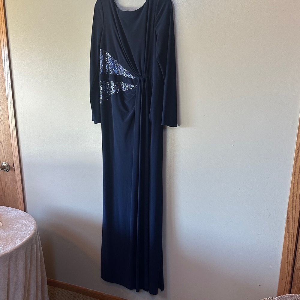 Adrianna Papell Navy Long Sleeve Dress with Sequin Detail